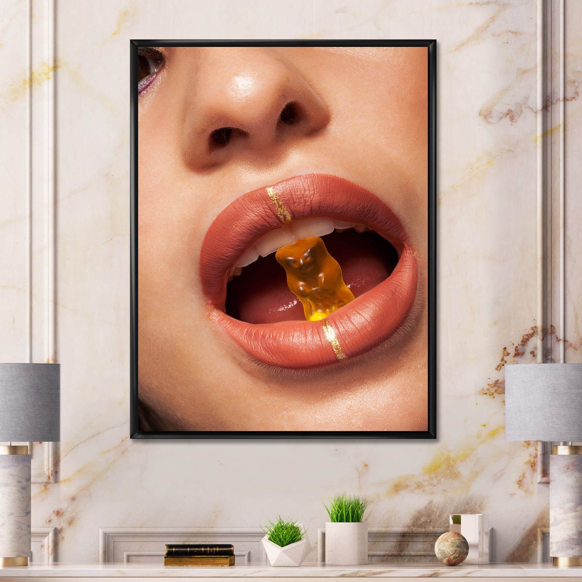 Designart 'Close Up VIew of Female Lips Biting Gummy Bear' Modern Framed Canvas Wall Art Print