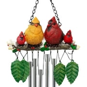 Cardinal Windchime Family of 4 Cardinals Sitting on a Birch Branch with Greenery and Holly Hanging Leaves Red Bird Backyard Hanging Decorations Approximately 7.5 Inches Wide
