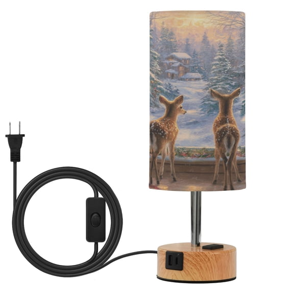 Wobogo Cute Deer Bedside Lamp Touch Control Table Lamp with USB A C Charging Ports & AC Outlet 3-Way Dimmable Nightstand Lamp with Linen Fabric Shade for Bedroom Living Room