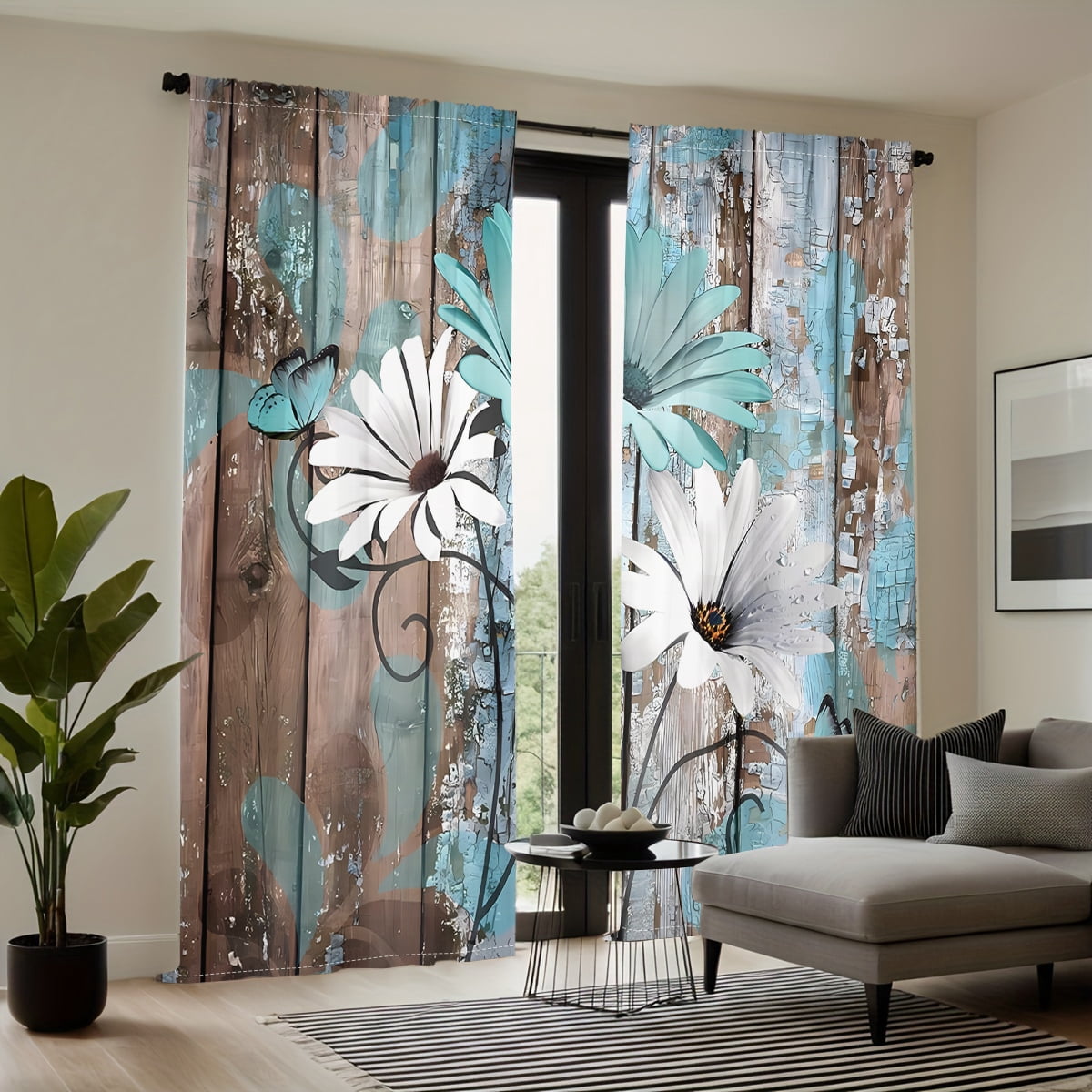 WNOOHIY Vintage Rustic Wooden Daisy Print Curtains for Bedroom,Dining Room, Living Room,2 Panels