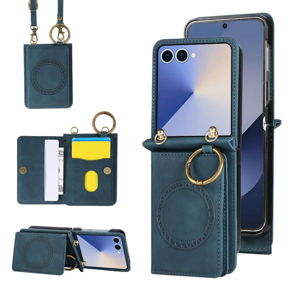 Allytechgroup Wallet Case for Samsung Galaxy Z Flip 6/ Galaxy Z Flip 7 FE with Shoulder Strap & Ring Holder, PU Leather Card Holder Kickstand Magnetic Protective Cover Phone Case, Blue