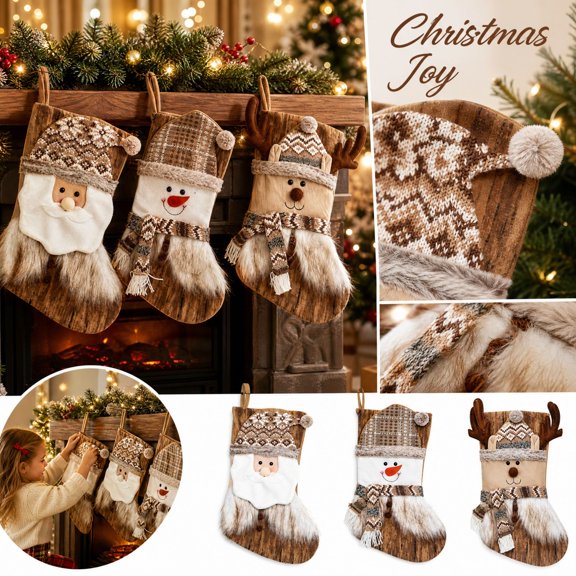 Christmas Stockings Hanging Ornament 3D Character Applique Plush Cuff Treat Bag for Tree Fireplace Mantel Decor Available in Multiple Styles