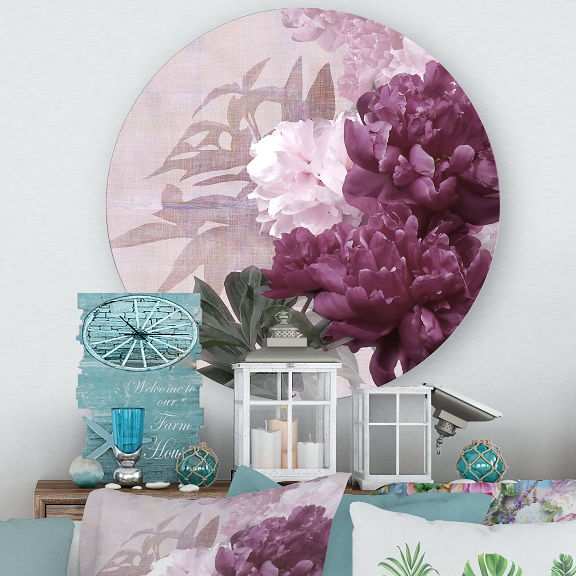 Designart 'Ancient Pink and Purple Flowers I' Traditional Circle Metal Wall Art 11x11 - Disc of 11