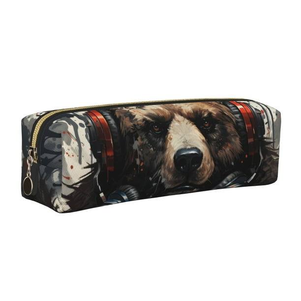 Disketp Urban Bear With Headphones Estuche de Lápices de Cuero con Cierre, Estuche Compacto para Papelería, Bolígrafos y Accesorios Pequeños