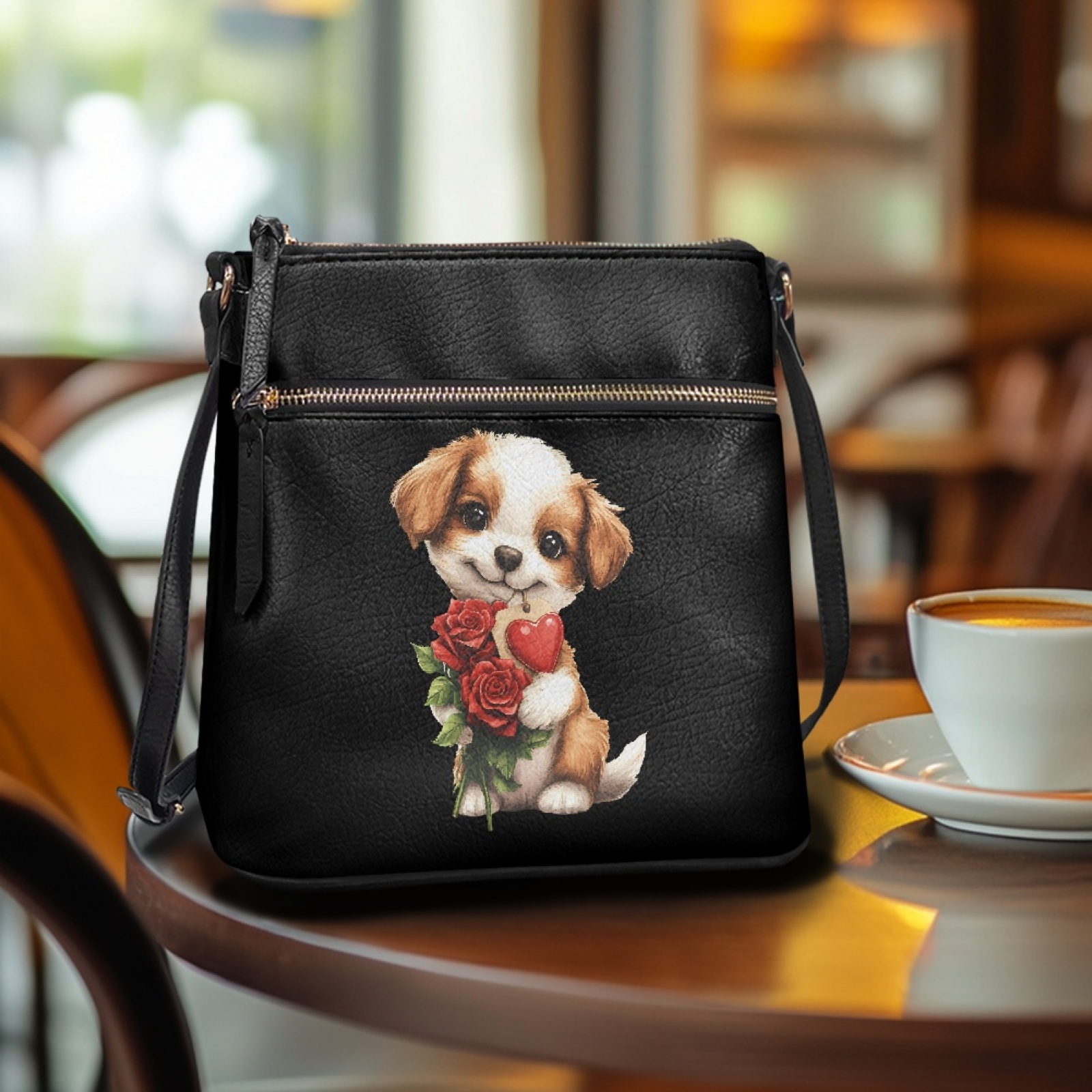 LedBack Dog with Rose Crossbody Purse for Women, Leather Satchel Bag Shoulder Handbag Zipper Hobo Purse with Adjustable Strap Sling Messenger Bag, Black