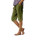 thumbnail image 2 of Linen Capri Pants for Women Summer Knee Length Straight Leg Pant Casual Loose Beach Bermuda Clothes with Pockets Green 2XL, 2 of 7