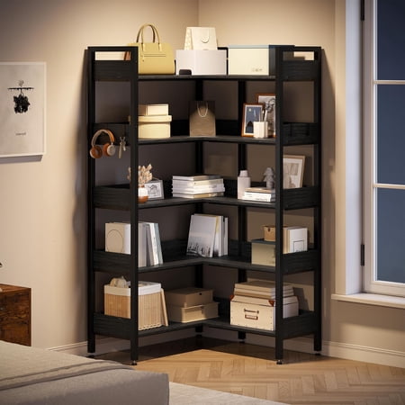 65.4 Inch 5-Tier Convertible Corner Bookshelf with 4 Hooks Industrial Metal Frame Bookcase L-Shaped Storage Shelf for Living Room Office Bedroom Black