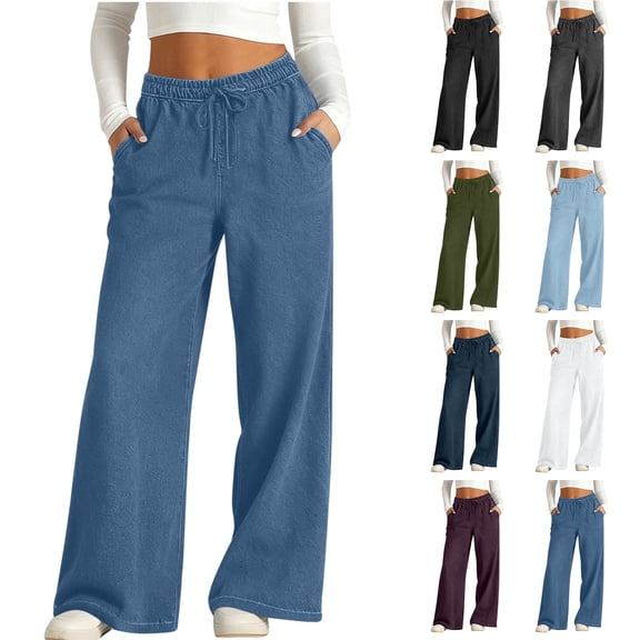 YOIAVAIOY Fake Jeans for Women High Waisted Wide Leg Elastic Waist Jean Strechy Drawstring Pull On Denim Pants with Pockets Light Blue M