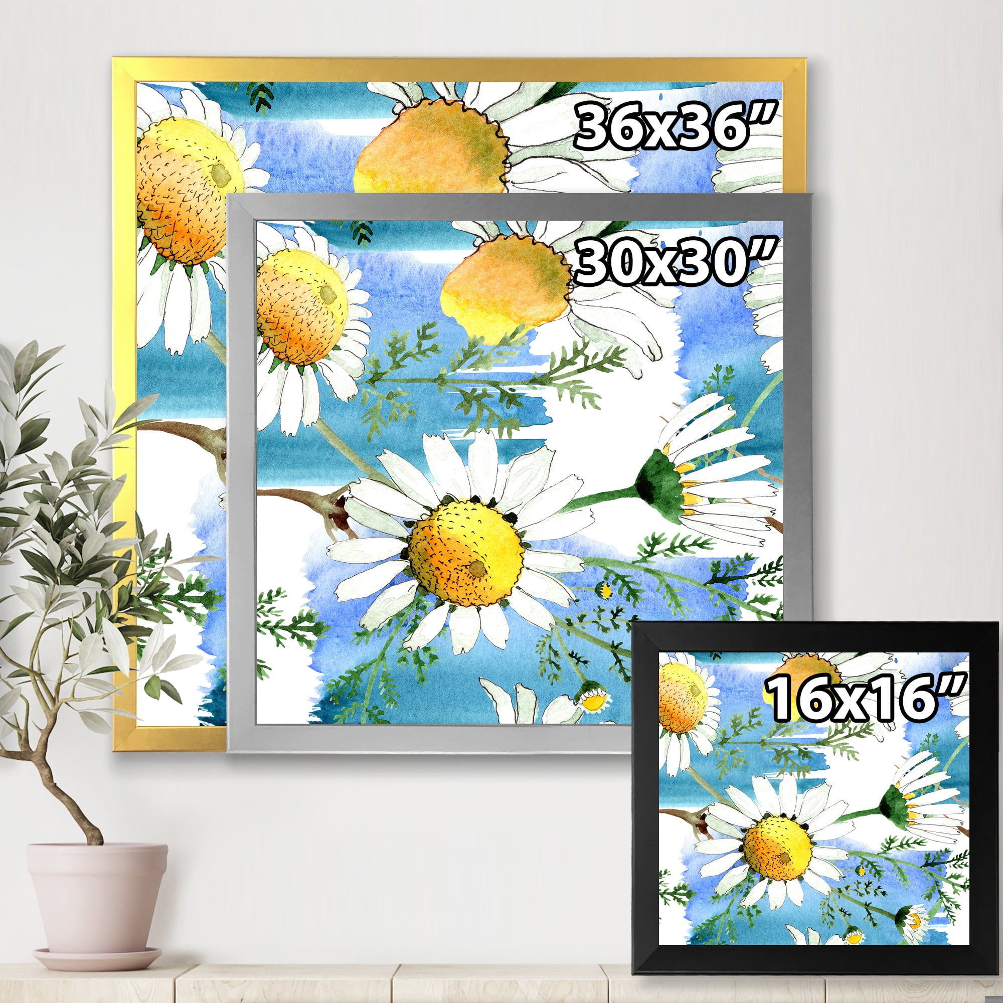 Wild Spring White Chamomile Flowers 16 in x 16 in Framed Painting Canvas Art Print, by Designart