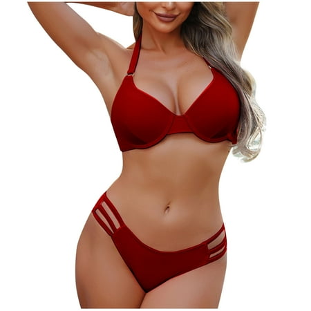 UTSJKR Thong Bikini Sets for Women Sexy 2 Piece Tummy Control Bathing Suits Halter Curvy Cutout String Cheeky Swimsuits Wine M