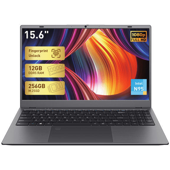 Coolby Laptop computer, 12GB RAM 256GB SSD, 15.6" Full HD,Quad Core N95 Up to 3.4GHz, Lightweight Notebook with Fingerprint, HD Port,Webcam,Type-C PD Charging, Poratable Business and Student Laptops