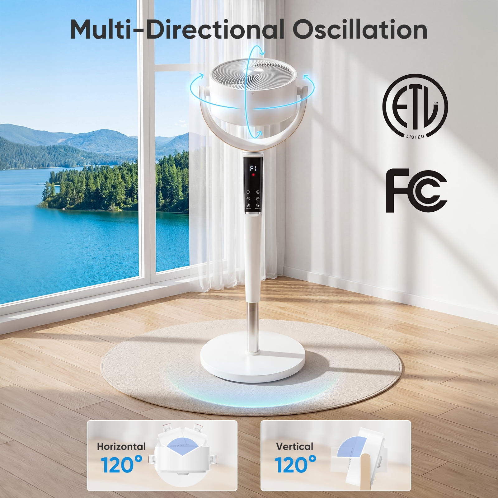 SHOUFTW Quiet Pedestal Fan, 15-Speed Oscillating Standing Fan with 5 Modes, 37-45 Inch Adjustable Height, 12H Timer, Silent Cooling Fan for Bedroom Living Room Office, White