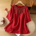 thumbnail image 4 of Women's Linen Tops Ethnic Embroidered Red Linen Cotton Loose Short Sleeve Casual Tee T Shirts for Women, 4 of 4