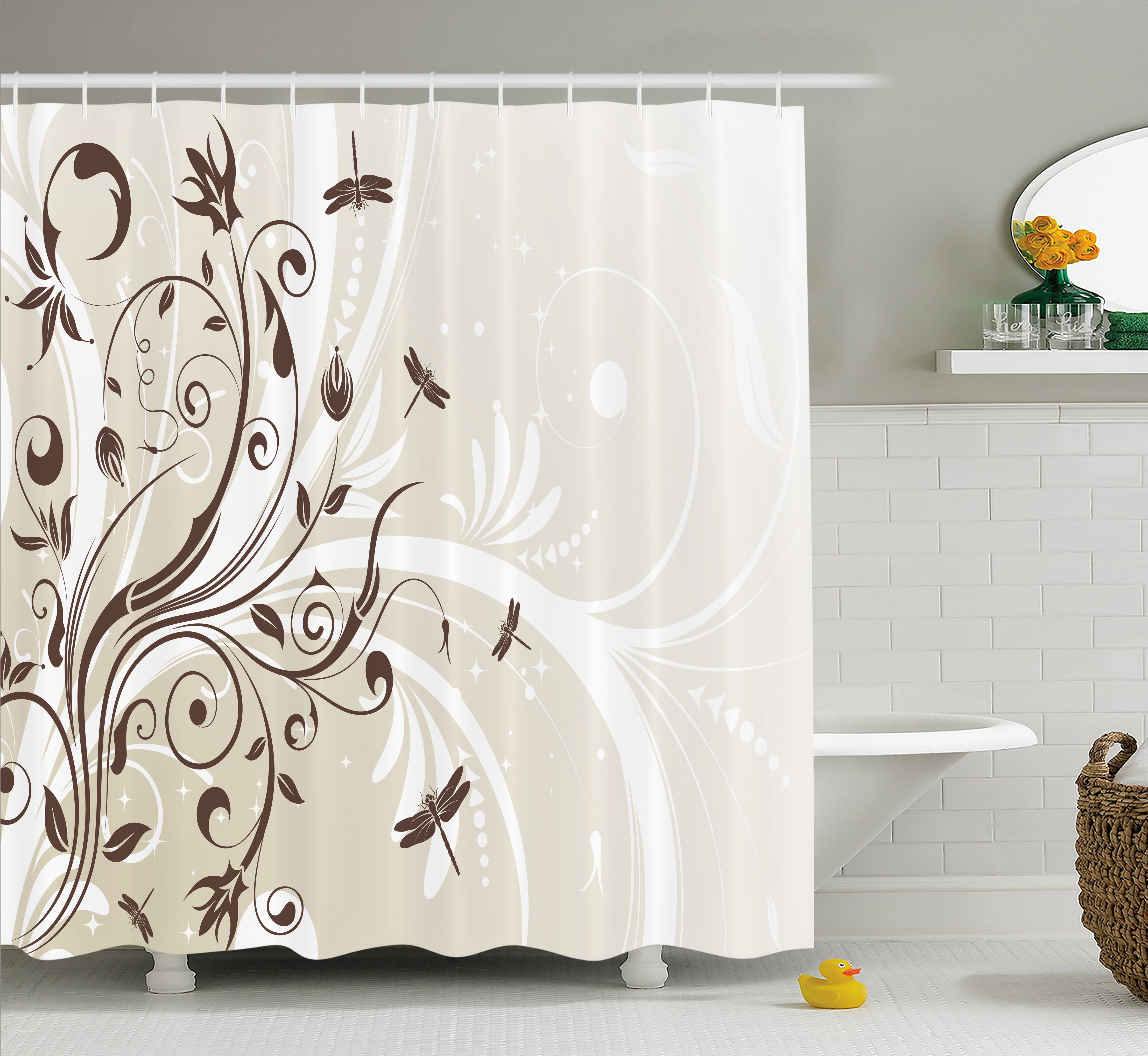 Dragonfly Shower Curtain, Seasonal Flourishing Flower Petals Swirled