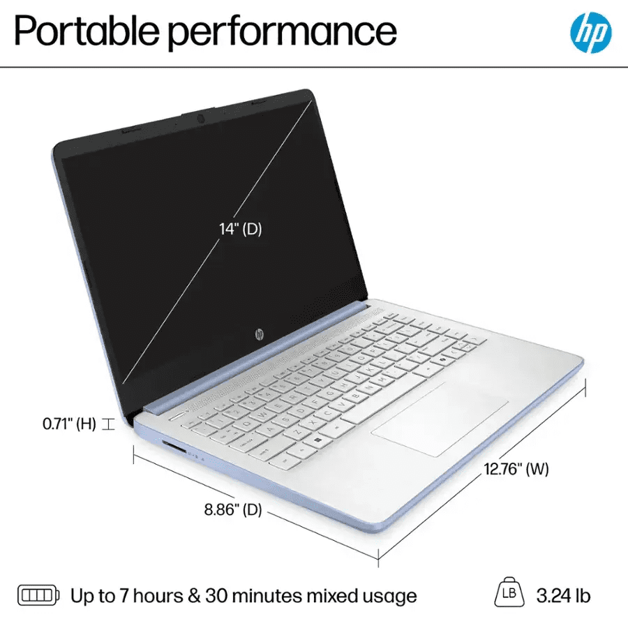 HP Laptop for Student and Business, 14" HD, Intel N150, 4GB RAM, 192GB Storage(128GB UFS +64GB MSD), 1-Year Office 365, Windows 11 Pro, Fast Charge,Blue