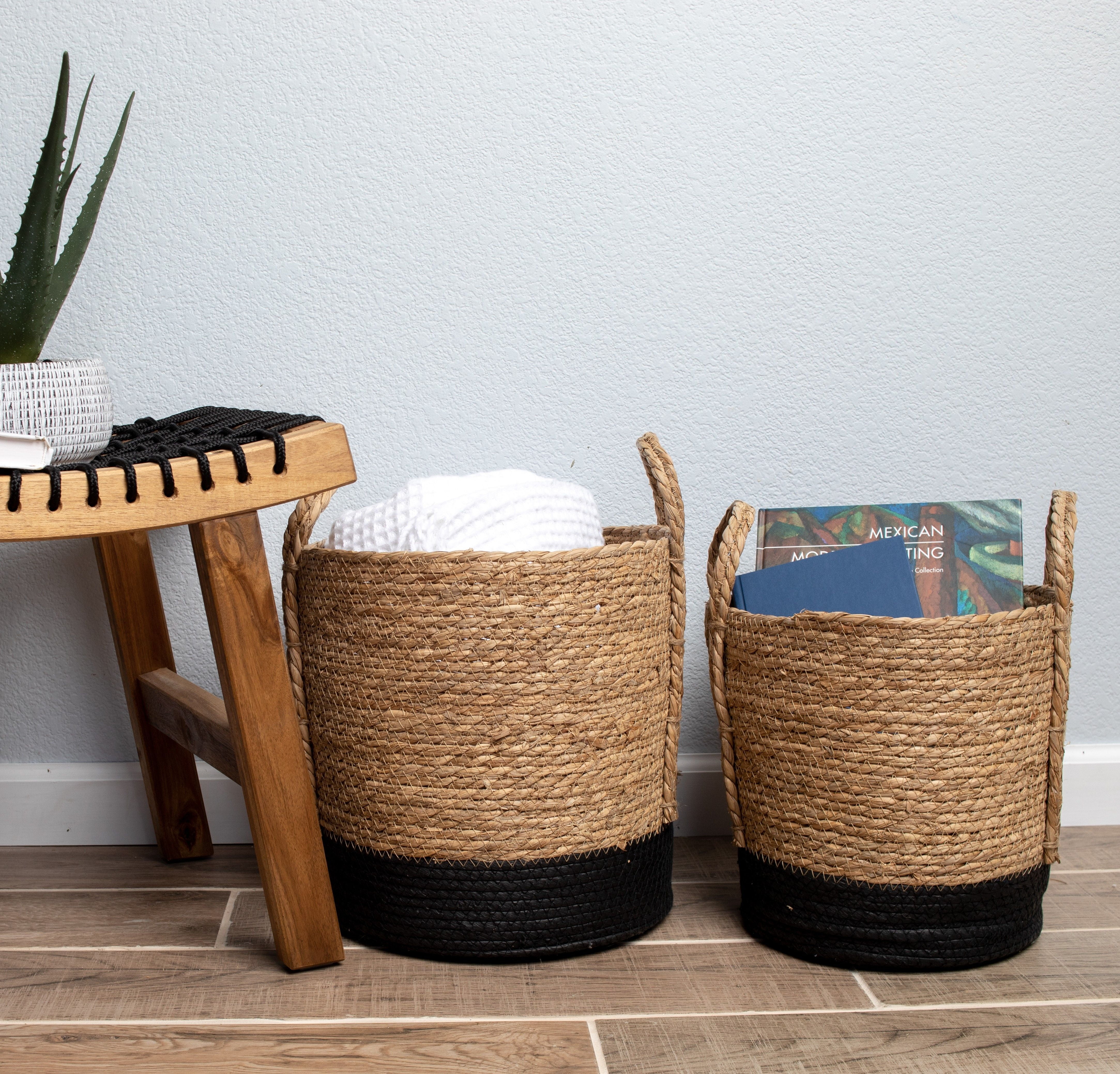 Homes on Trend Decorative Baskets Storage Handled Magazine Log Accessories Holder Round Seagrass 