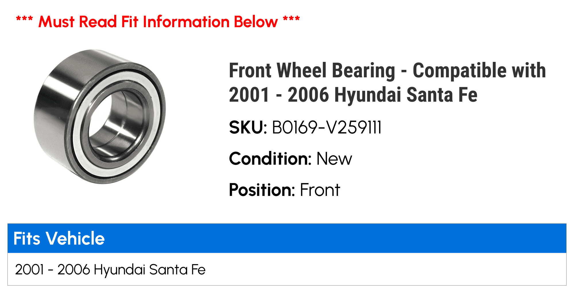 Rear Wheel Hub Bearings Set For 2001-2004 Hyundai Santa Fe - Pair, Left & Right, 10-Year Warranty