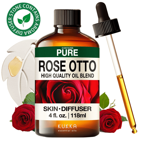 Kukka Rose Otto Essential Oil with Aromatherapy Stone - 100% Pure Luxury Floral Scent for Diffuser, Skincare, Hair Care & DIY - 4 fl oz