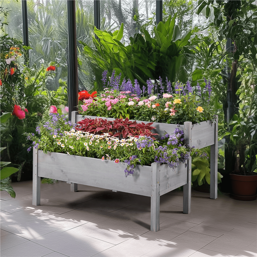 Renwick 2-tier Elevated Wooden Planter Box for Garden Yard Patio, Gray