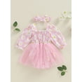 thumbnail image 2 of Suealasg Baby Girl 2Pcs Summer Clothes Long Sleeve Floral Embroidery Shirred Romper Dress +Headband Set 3 6 12 18 Months Infant Girls Birthday Photoshoot Outfits, 2 of 7