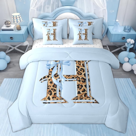 Erosebridal Kids Princess Bow Twin Bedding Sets, Cheetah Print H Letter Bedding Comforter Set, Blue, 7-Piece