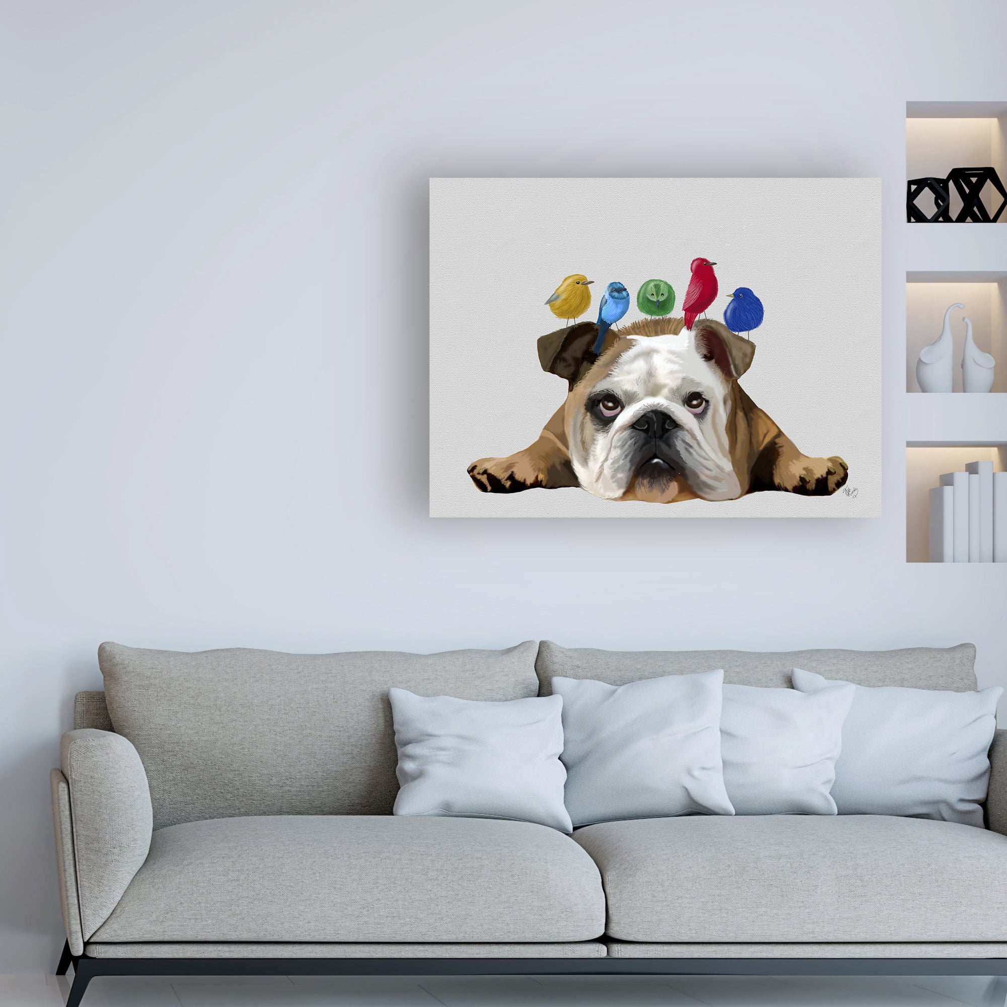 Trademark Fine Art 'English Bulldog and Birds' Canvas Art by Fab Funky