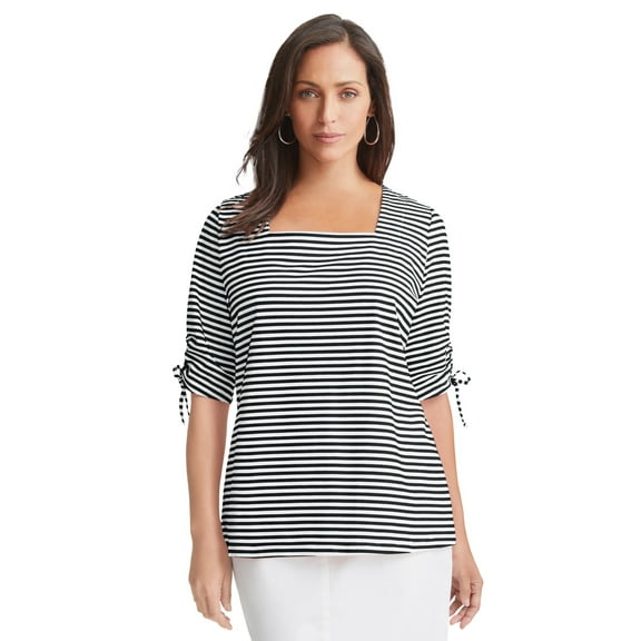Jessica London Women's Plus Size Stretch Cotton Tie Sleeve Square Neck Tee