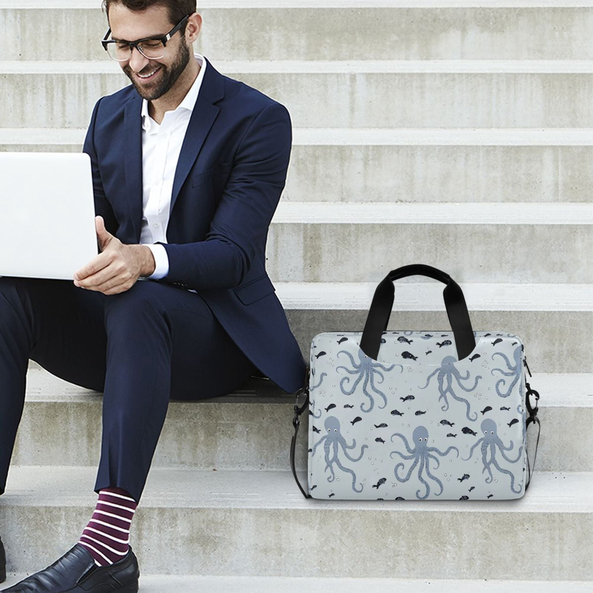 FORMRS 16" Laptop Bag Carrying Sleeve Case with Handle Travel Shoulder Briefcase, Blue Octopus Pattern