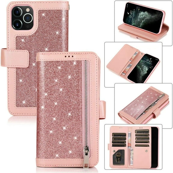 for iPhone 12 Mini Women Girls Glitter Zipper Wallet Case Luxury Bling with 9 Card Holder Wrist Strap Rugged Durable PU Leather Card Slots Protective Cover Case for iPhone 12 Mini 5.4" Black