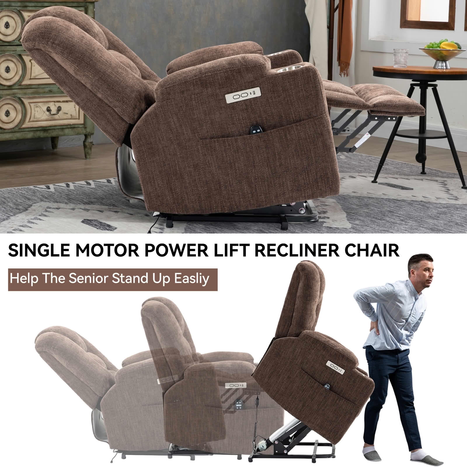 MAYEERTY Black 350lbs Power Lift Recliner Chair, 8-Point Massage Heat USB Cup Holders 40"x36"x45" for Elderly