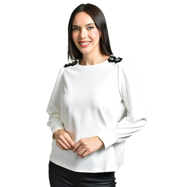 Blusa con detalle de flor en hombro Roman Fashion /Juvenil, 5106 (Blanco) blanco M