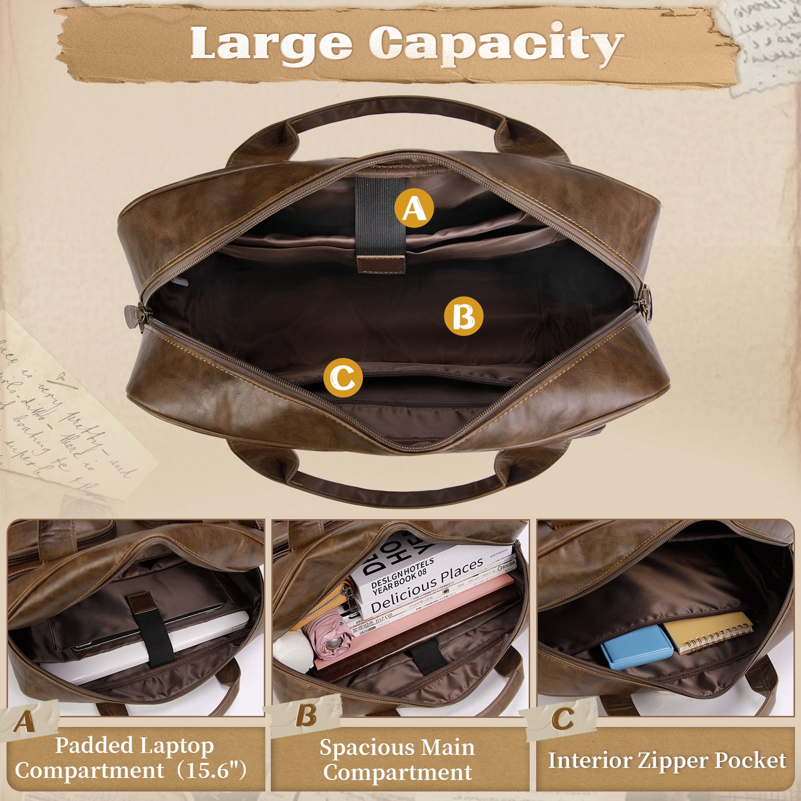RAINSMORE 15.6 Inch Messenger Bag for Men Vintage PU Leather Laptop Bag Waterproof Computer Briefcases for Men Retro Mens Briefcase Satchel Bag for Work Office Business Travel,Brown