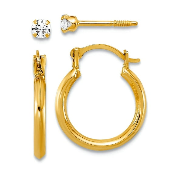 14k Solid Gold 1.50mm Hoop and 2.5mm White Cubic Zirconia Screw Back Post Set Of 2 Earrings Hoop Earring for Women