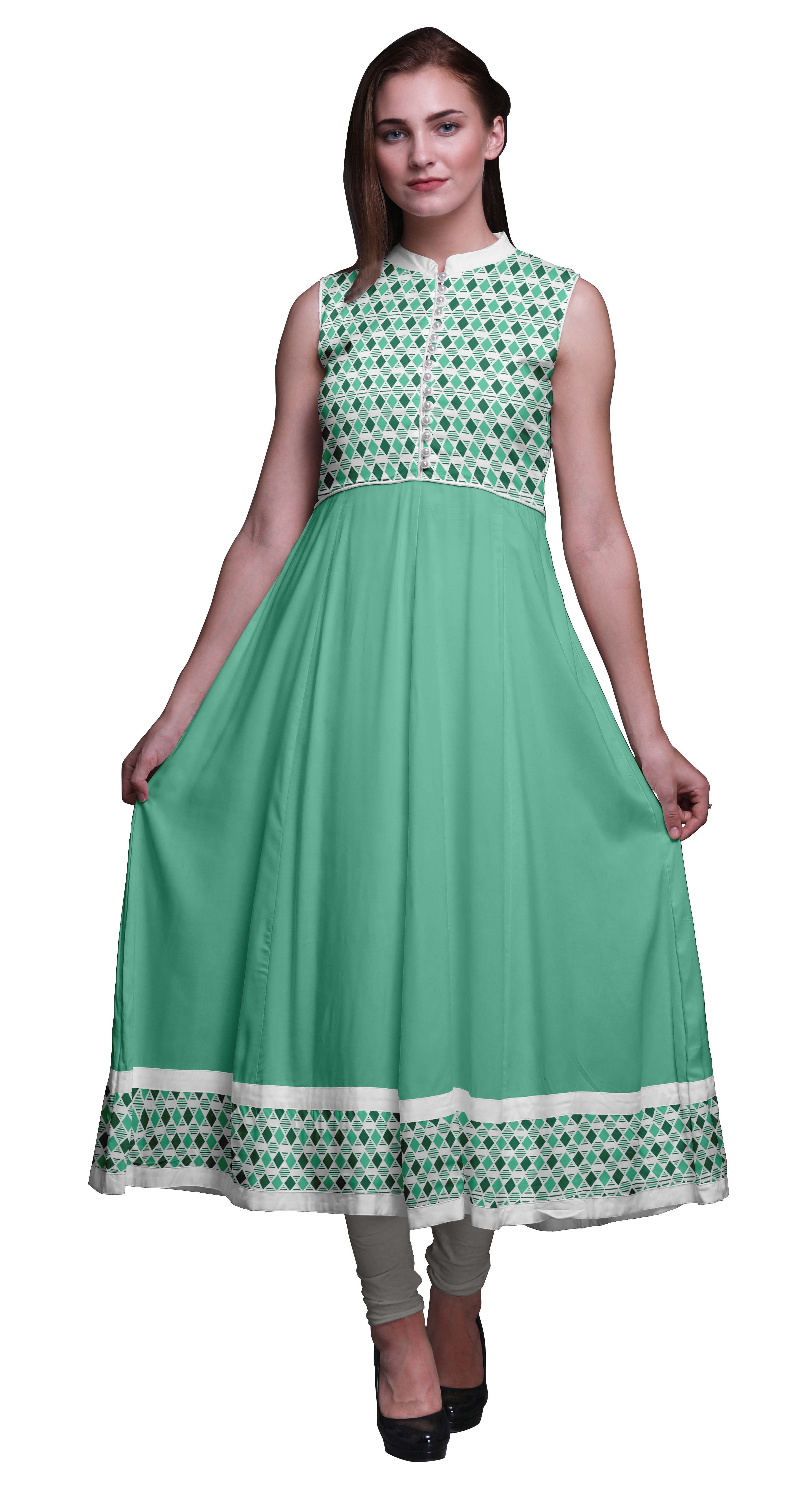 Bimba Black Chevron Anarkali Kurti – Flared Maxi Blouse, 3/4 Sleeves, Cotton, 52" Length, Sizes XS-3XL