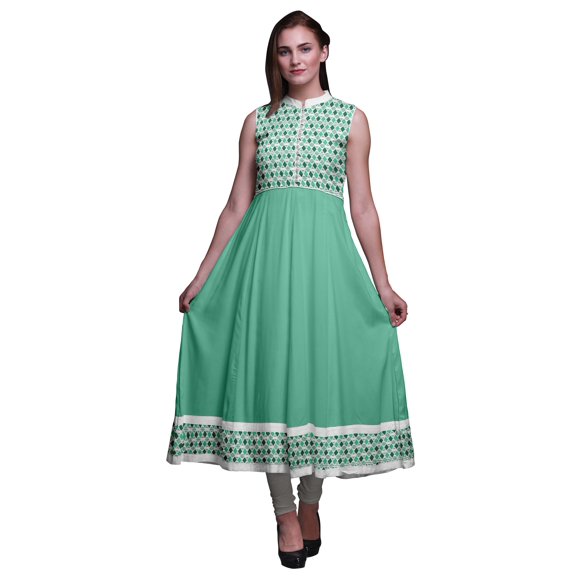 Bimba Sea Green Geometric Anarkali Dress Mandarin Collar Sleeveless Kurtis for Women Print Maxi Dress Small