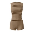 thumbnail image 4 of Womens Ribbed Cutout Tank Top and Shorts Set, Solid Color Slim Fit 2-Piece Outfit, Hollow Out Streetwear Matching Set for Casual Summer Party, 4 of 5