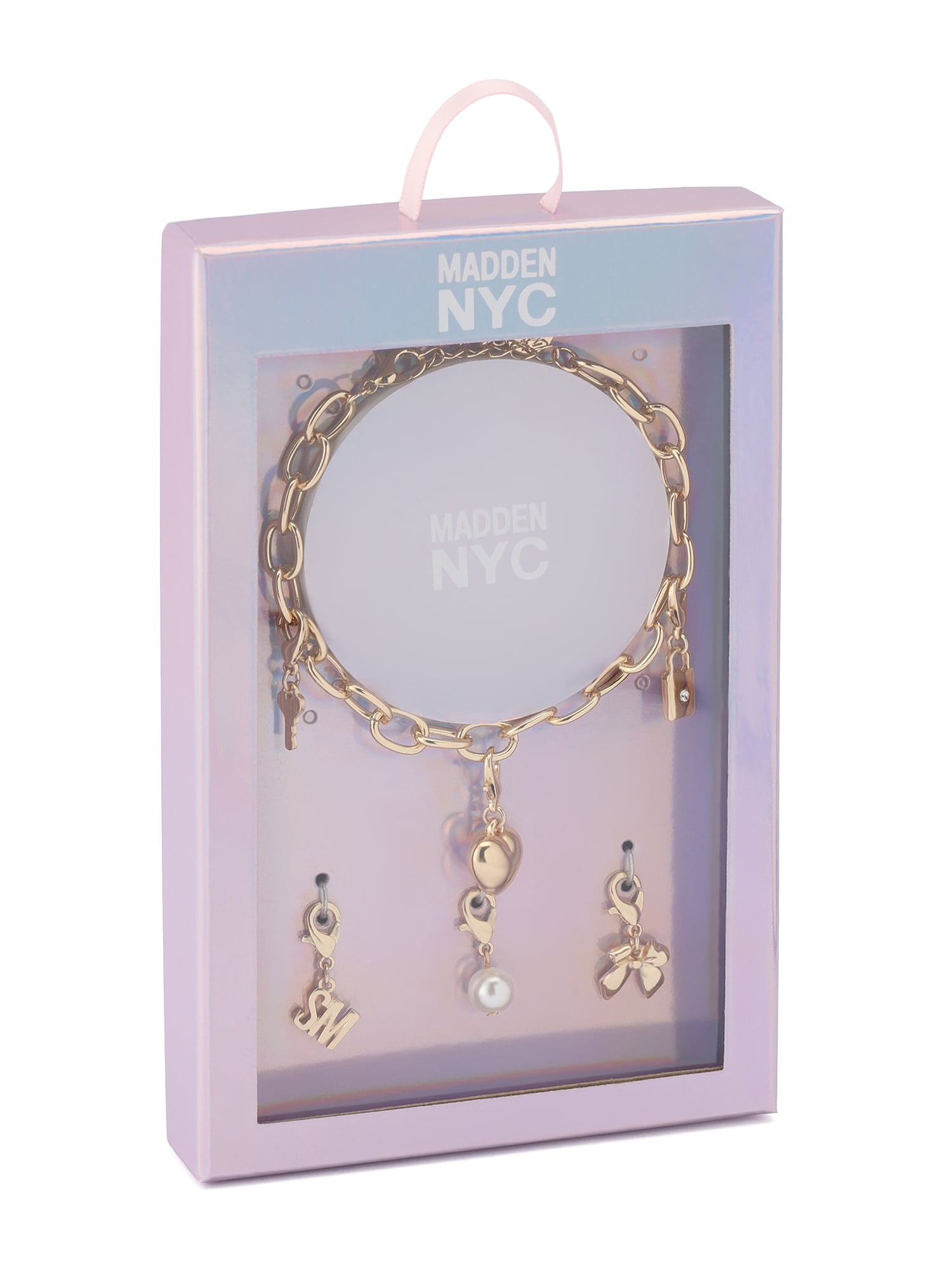 Madden NYC Women's Fashion Gold-Tone Lock Key Bracelet & 3-Piece Charm Giftable Boxed Jewelry Set