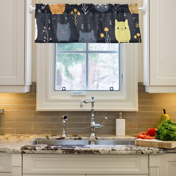 Rats Mouse Flowers Leaves Black Curtain Valances Farmhouse Design Window Treatment Decor Blackout Rod Pocket for Windows Living Room Kitchen 54" x 18"