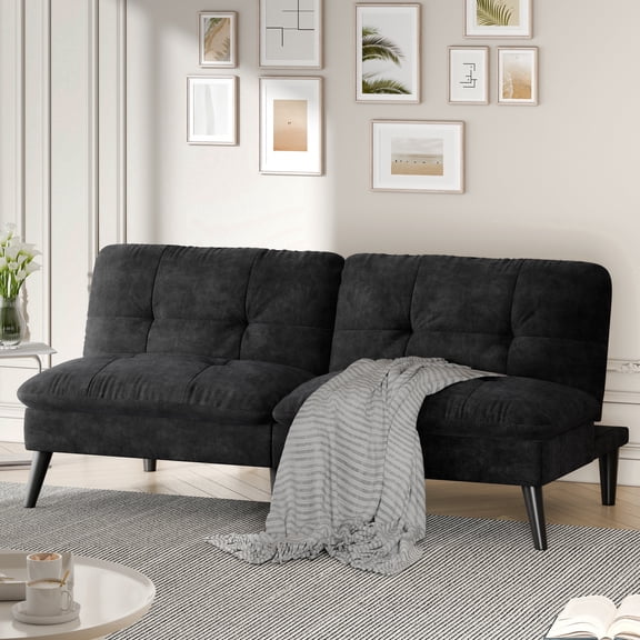Walsunny 60” 3 in 1 Convertible Sofa Bed, Foldable Sleeper Futon Couch Bed with 3-Angle Adjustment, Soft Dutch Velvet Loveseat Couch for Small Space, Suitable for Relax, Black