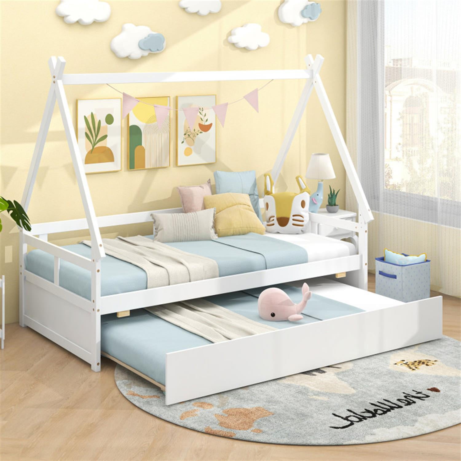 Demi Bonn Twin Size House Bed Frames with Trundle and Safety Guardrail, Modern Platform Bed Frames for Teens, White