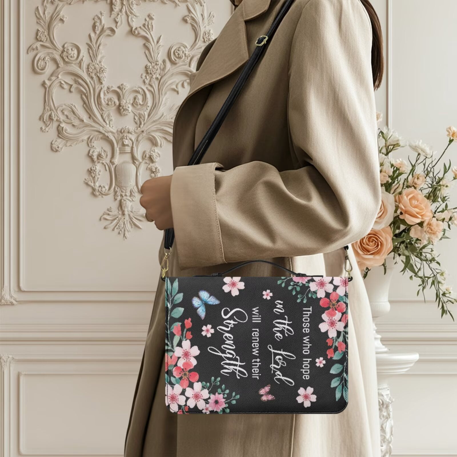Kuiaobaty Floral Butterfly Print Bible Cover with Bookmark PU Leather Bible Carrying Case with Shoulder Strap Christian Bible Study Accessories for Women Men Church, Black