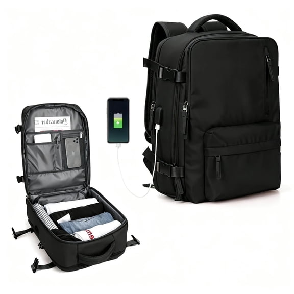 TRANSLINK Backpack with USB Charging Port, Water Resistant Work Business Laptop Backpack, Airline Approved Carry On Bag for Man and Women, Black