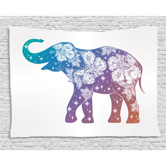 Elephant Tapestry, Asian Animal with Romantic Wildrose Pattern and Stars Oriental with Ombre Effect, Wall Hanging for Bedroom Living Room Dorm Decor, 60W X 40L Inches, Multicolor, by Ambesonne