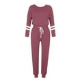 thumbnail image 4 of Women's Two Piece Set Fall 2025 Long Sleeve Striped Tops Drawstring Sweatpants Jogger Set Casual Comfy Outfits with pickets (5XL, Purple), 4 of 5