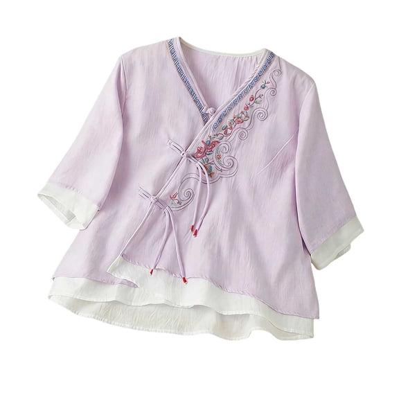 XUNKUSGA Womens Tops Loose 3/4 Sleeve Cotton Linen Shirts for Women Summer Retro Embroidered Boho Tops Fashion Chinese Frog Button V-Neck Women's Blouses M-3XL,Purple