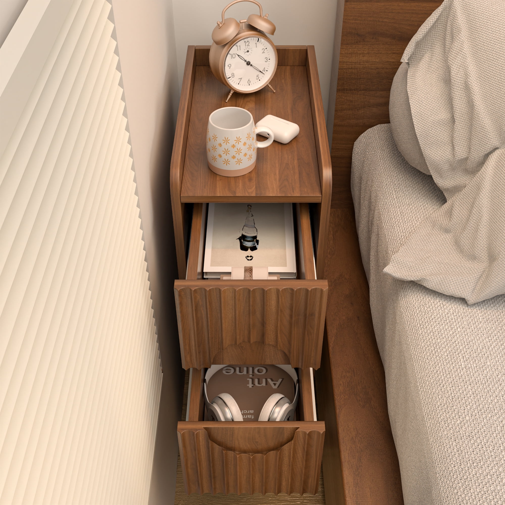 End Tables Set of 2, Small Side Table, Slim Side Table, Wood 2 Drawer Narrow Nightstand