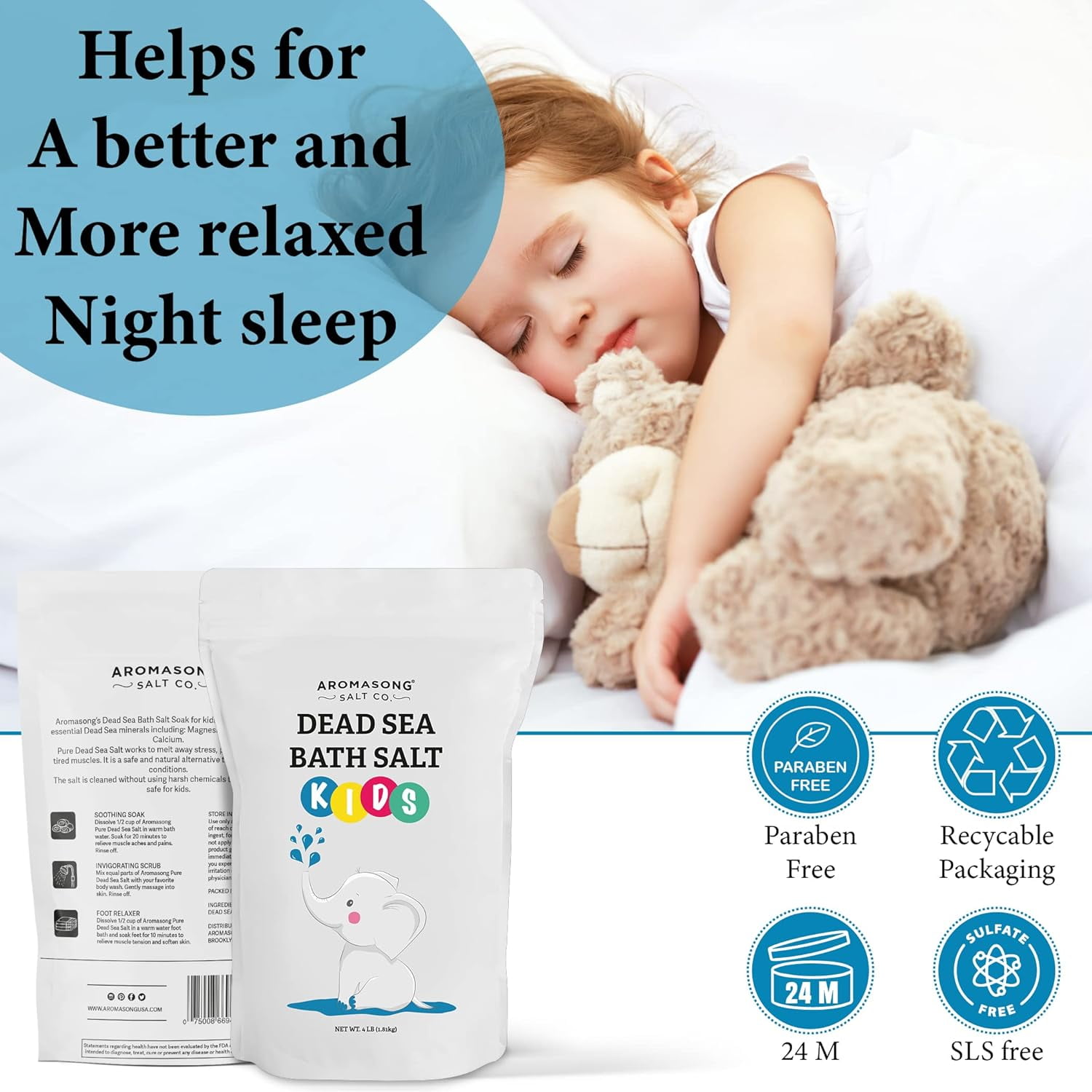 Aromasong Dead Sea Salt Kids Bath Soak 19 lb | Fine Salt with Dead Sea Minerals for Gentle Toddler & Baby Bath