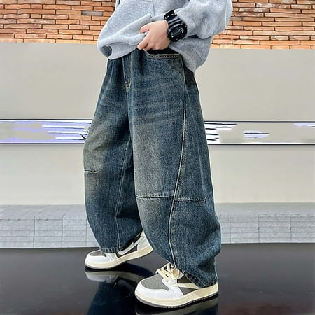 LRen Boys Baggy Wide Leg Jeans Size 14-16 High Waisted Elastic Waist Cotton Baggy Jeans Boy Loose Casual Baggy Fashion Long Trousers Streetwear with Pockets Blue 5-6 Years