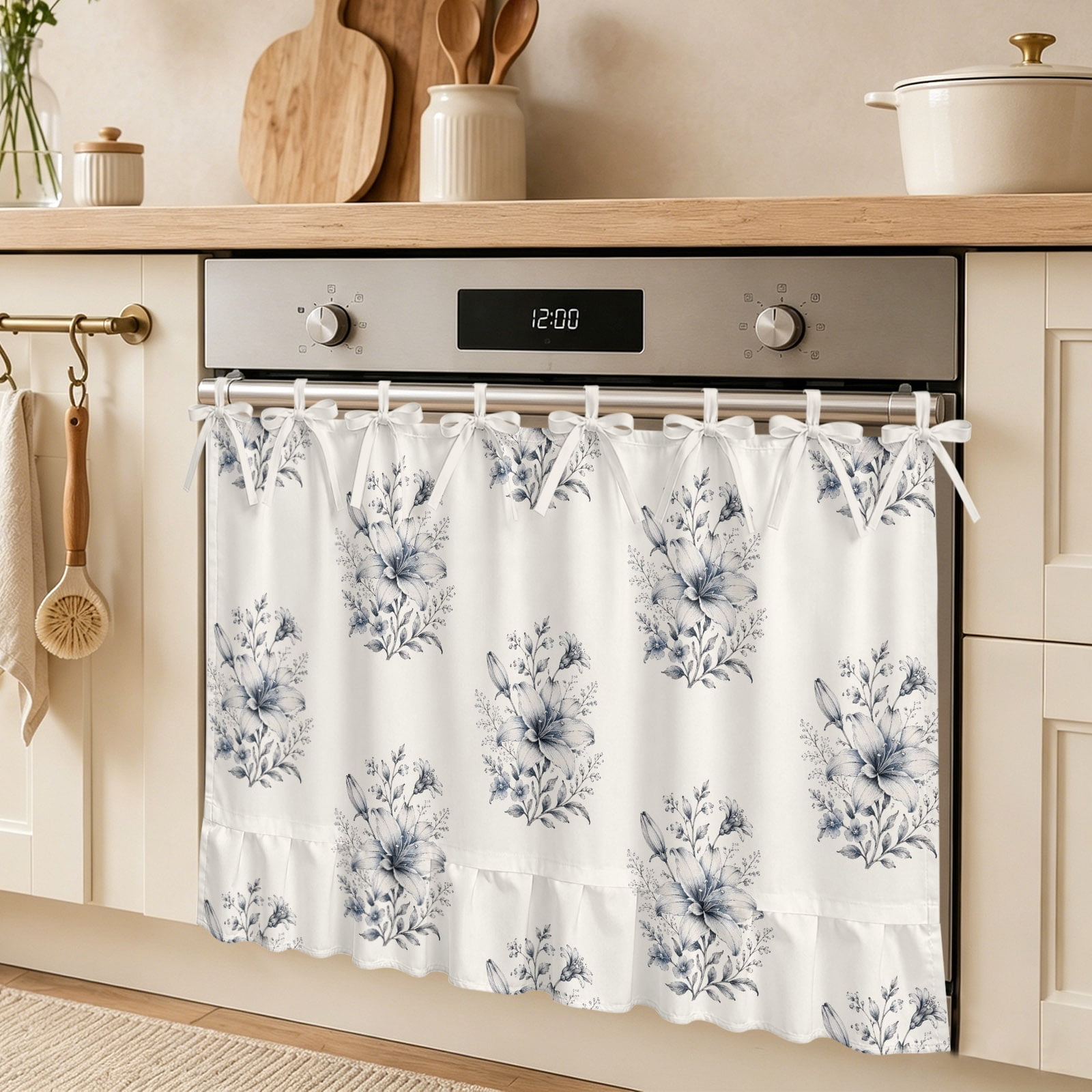 Blue Floral Bouquet Oven Skirt Curtain Country Vintage Farmhouse Pastoral Flowers Leaf Tie Top Tier Curtains Stove Dishwasher Skirt Small Window Drapes for Kitchen Bathroom Cafe 27 x20