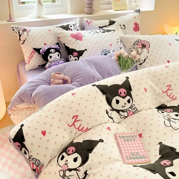 Sanrio My melody Kuromi Cinnamoroll Hello Kitty nuevo estampado de dibujos animados invierno leche terciopelo sábana y edredón conjunto de tres piezas